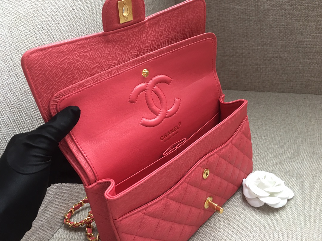 Medium Classic Flap Caviar Bag A01112 Rose Red/Gold